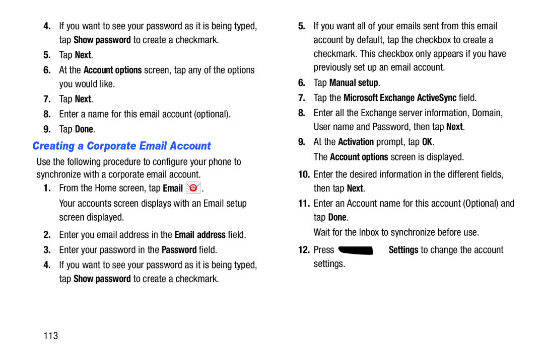 Samsung SGH-I537_UM Creating a Corporate Email Account, Tap Manual setup Tap the Microsoft Exchange ActiveSync field 