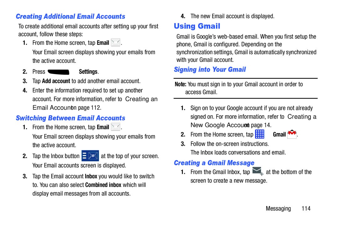 Samsung SGH-I537_UM user manual Using Gmail, Creating Additional Email Accounts, Switching Between Email Accounts 