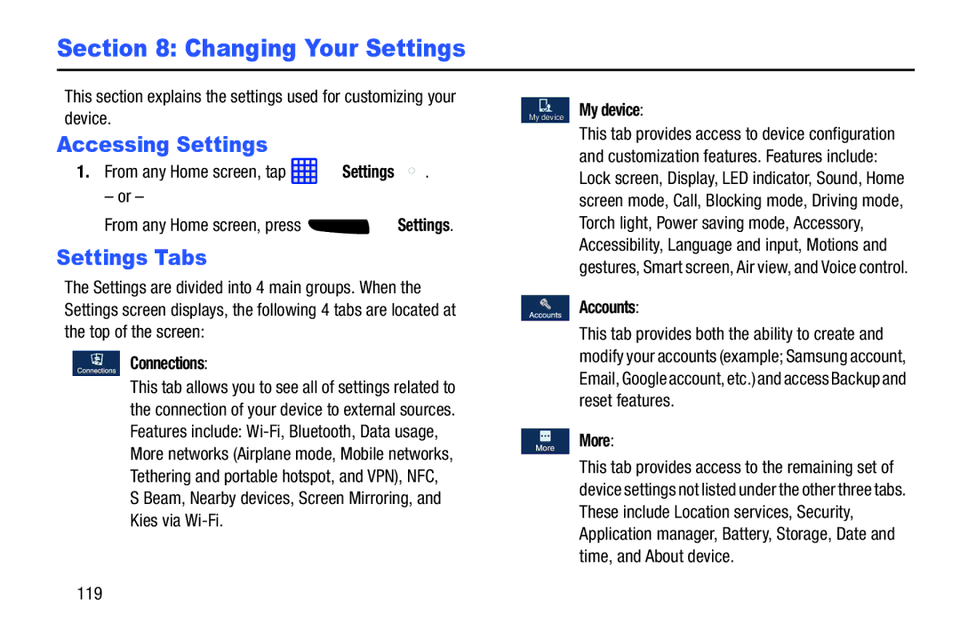 Samsung SGH-I537_UM user manual Accessing Settings, Settings Tabs 