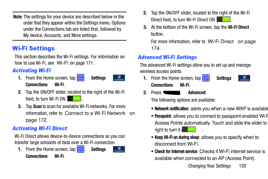 Samsung SGH-I537_UM user manual Activating Wi-Fi Direct, Advanced Wi-Fi Settings, Press Advanced 