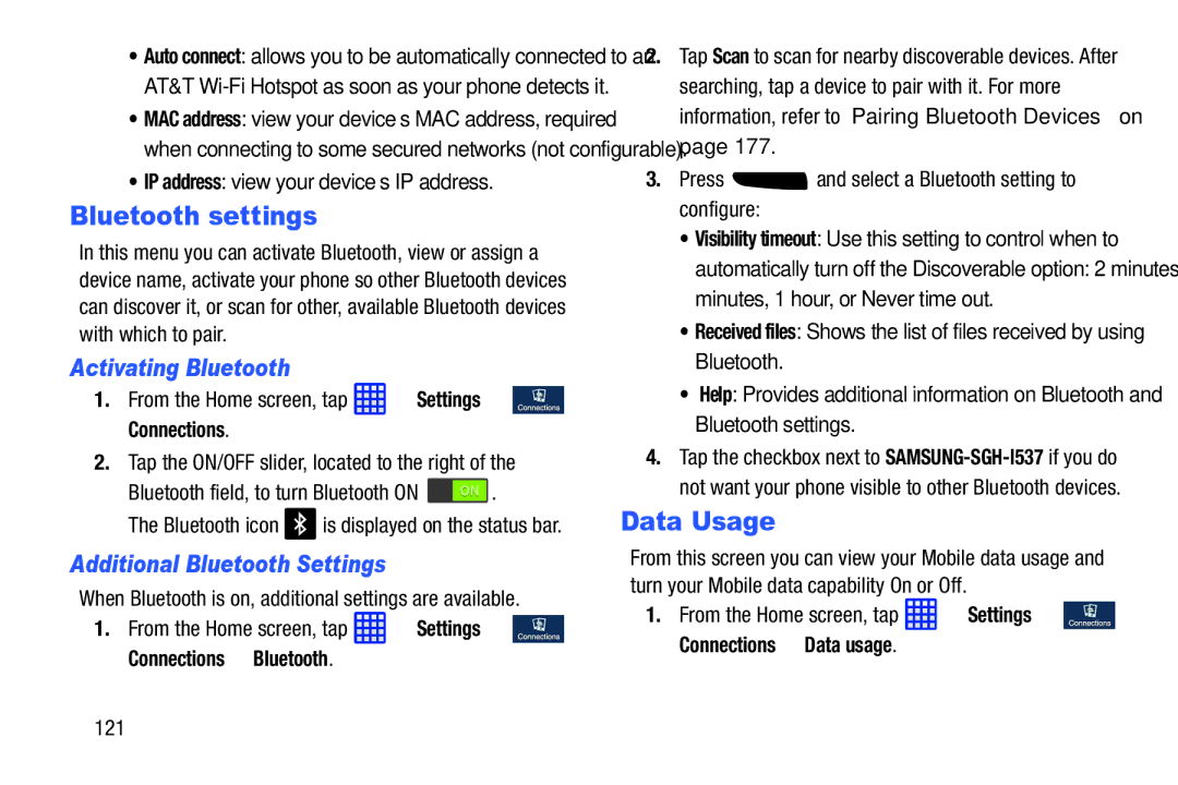 Samsung SGH-I537_UM user manual Bluetooth settings, Data Usage, Activating Bluetooth, Additional Bluetooth Settings 