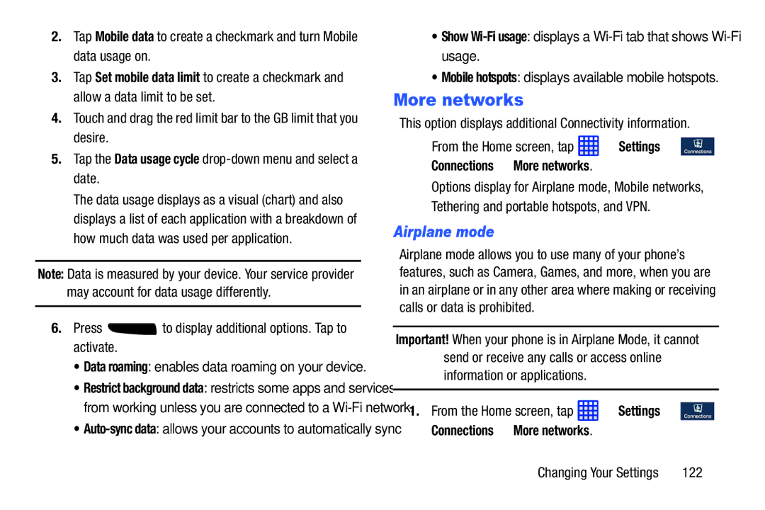 Samsung SGH-I537_UM user manual More networks, Airplane mode, Press to display additional options. Tap to activate, 122 