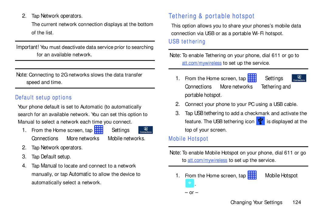 Samsung SGH-I537_UM user manual Tethering & portable hotspot, Default setup options, USB tethering, Mobile Hotspot 