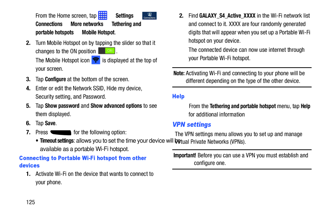 Samsung SGH-I537_UM user manual VPN settings, Tap Save Press for the following option, Help 