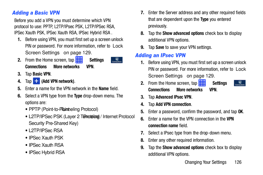 Samsung SGH-I537_UM user manual Adding a Basic VPN, Adding an IPsec VPN, Tap Basic VPN Tap Add VPN network 