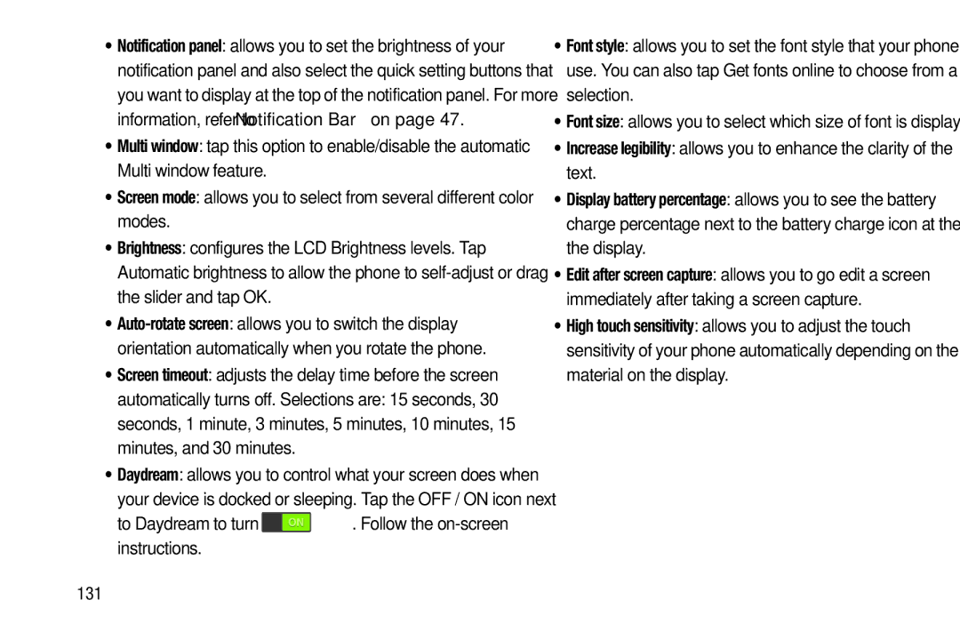 Samsung SGH-I537_UM user manual 131, Screen timeout adjusts the delay time before the screen 