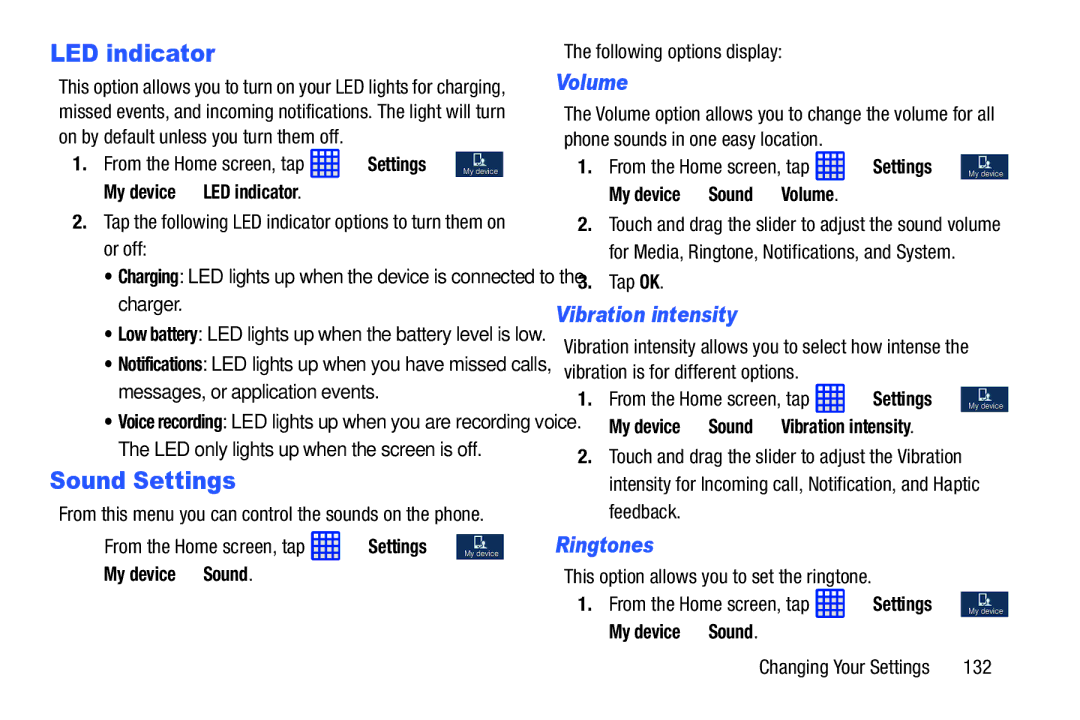 Samsung SGH-I537_UM user manual LED indicator, Sound Settings, Volume, Vibration intensity, Ringtones 