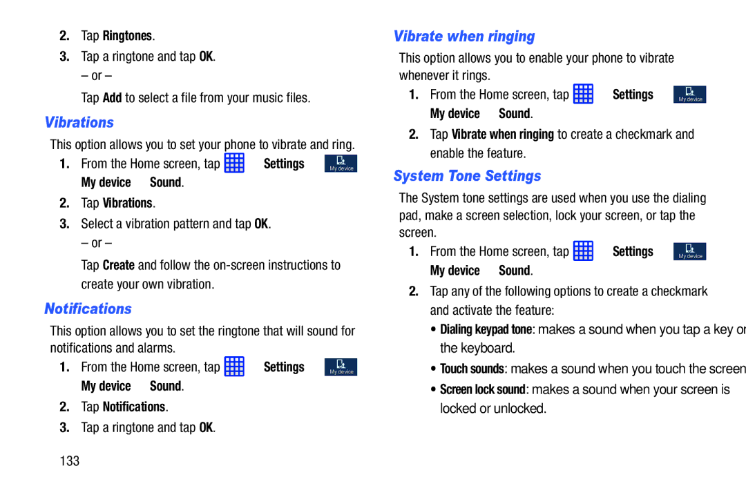 Samsung SGH-I537_UM user manual Vibrations, Notifications, Vibrate when ringing, System Tone Settings 