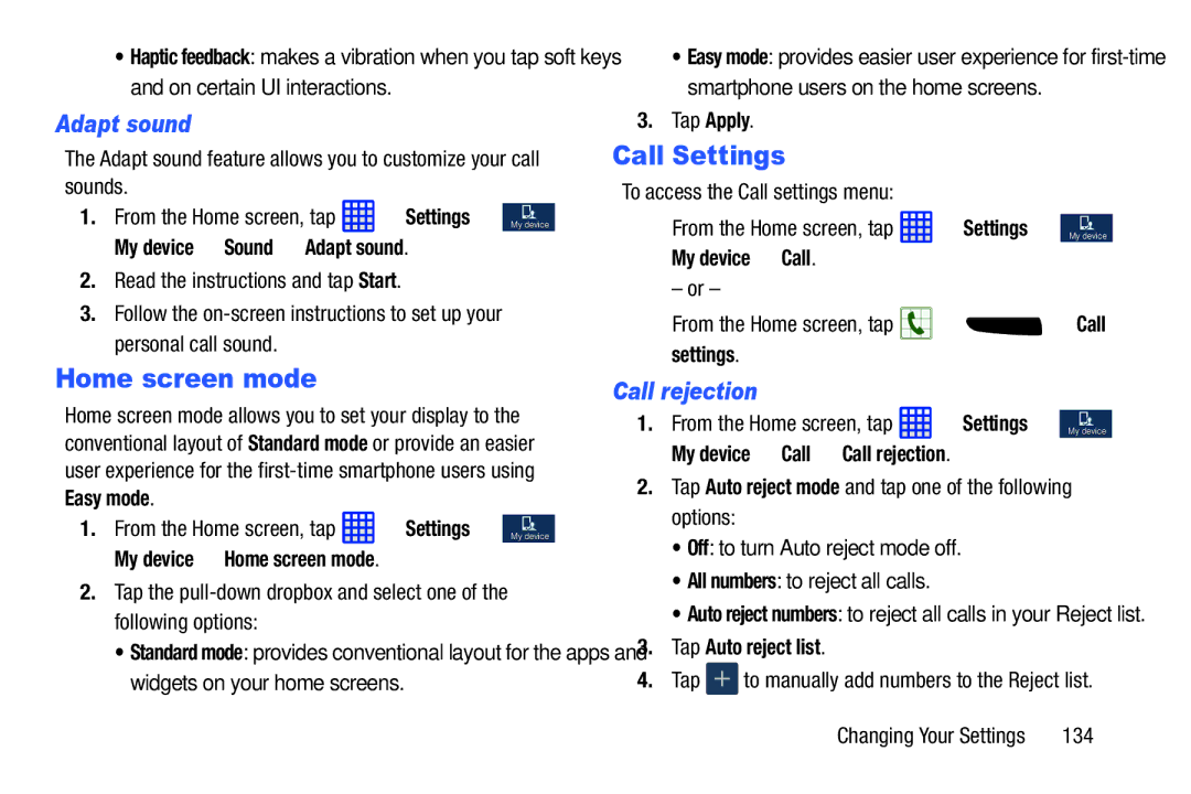 Samsung SGH-I537_UM user manual Home screen mode, Adapt sound, Call rejection 