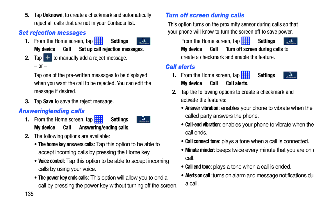 Samsung SGH-I537_UM user manual Set rejection messages, Answering/ending calls, Turn off screen during calls, Call alerts 