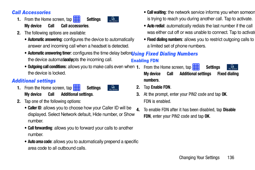 Samsung SGH-I537_UM user manual Call Accessories, Additional settings, Using Fixed Dialing Numbers, Enabling FDN 