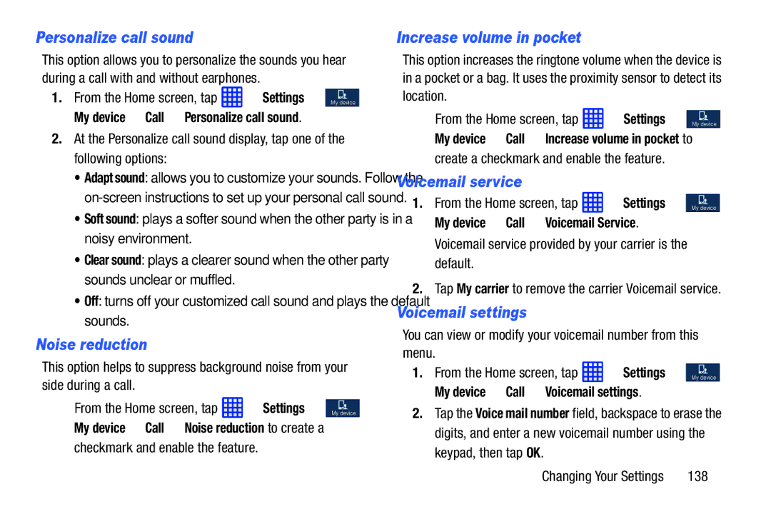 Samsung SGH-I537_UM user manual Personalize call sound, Noise reduction, Increase volume in pocket, Voicemail service 