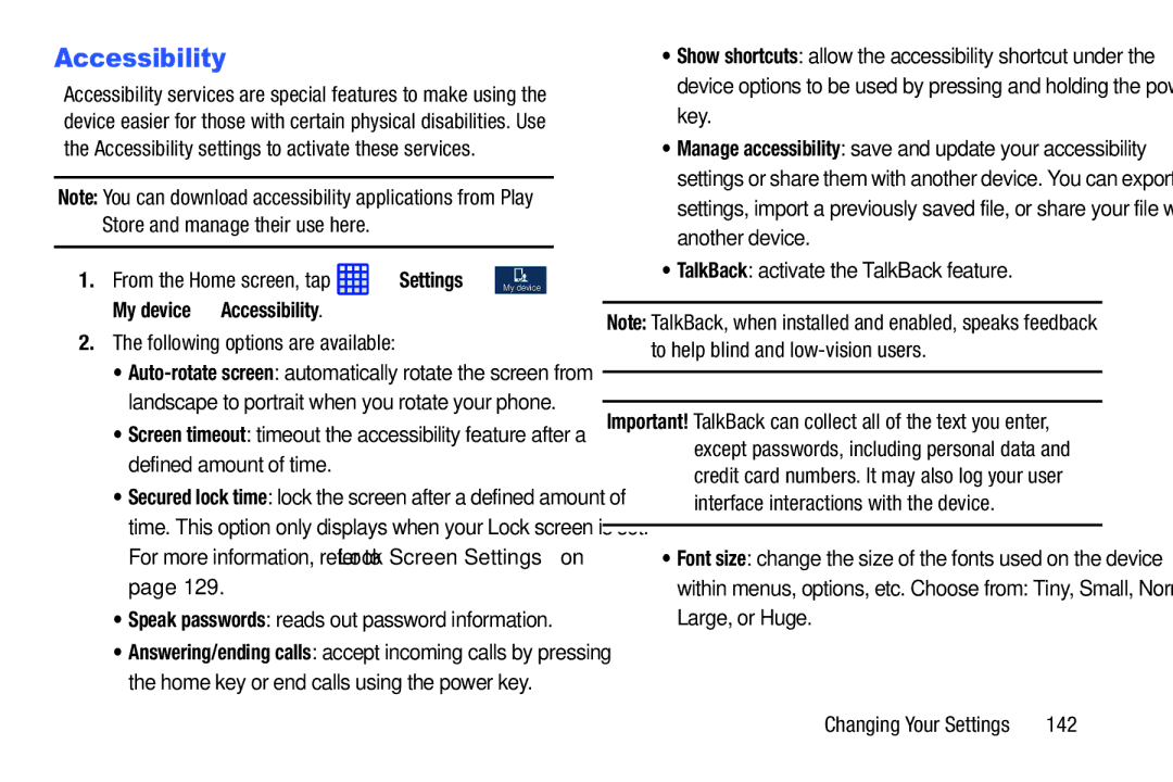 Samsung SGH-I537_UM user manual Accessibility, TalkBack activate the TalkBack feature, 142 