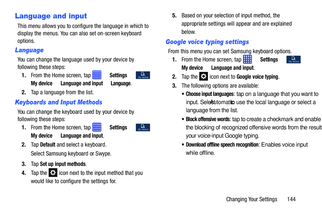 Samsung SGH-I537_UM user manual Language and input, Keyboards and Input Methods, Google voice typing settings 