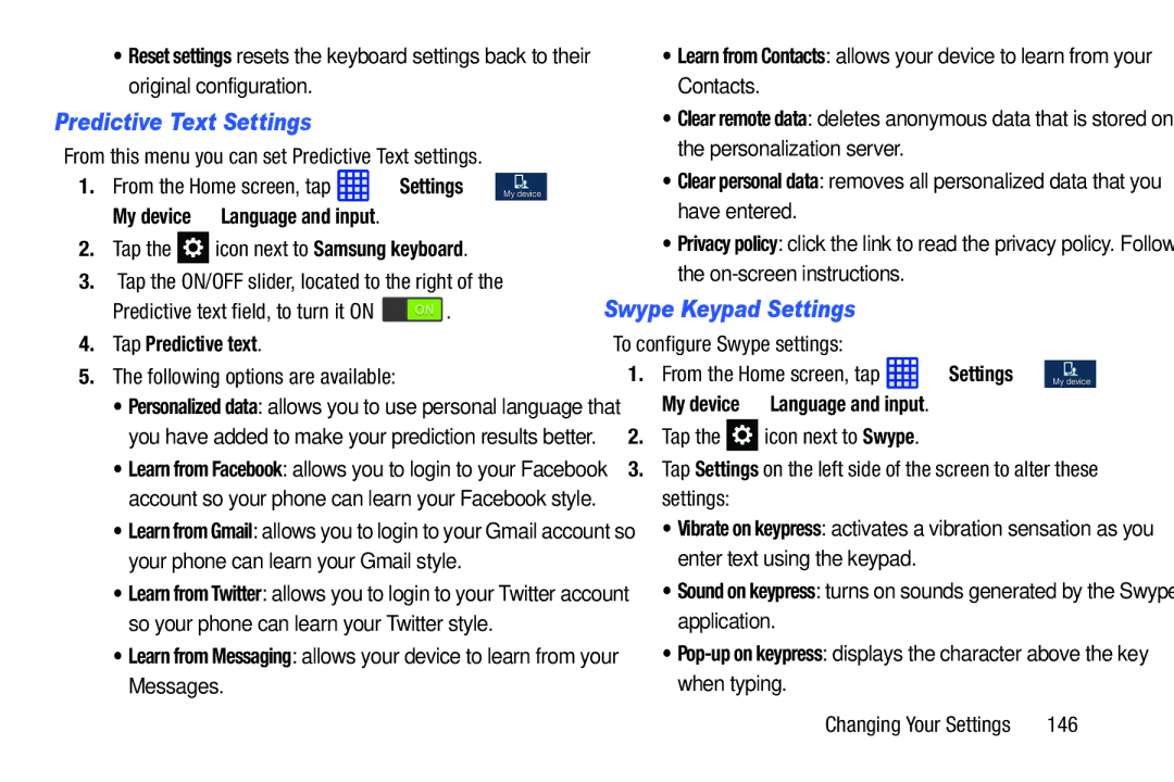 Samsung SGH-I537_UM user manual Predictive Text Settings, Swype Keypad Settings, Tap Predictive text 