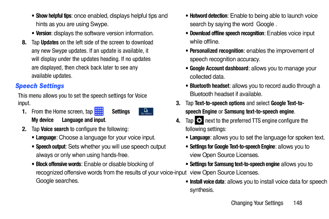 Samsung SGH-I537_UM user manual Speech Settings, Tap Voice search to configure the following, 148 