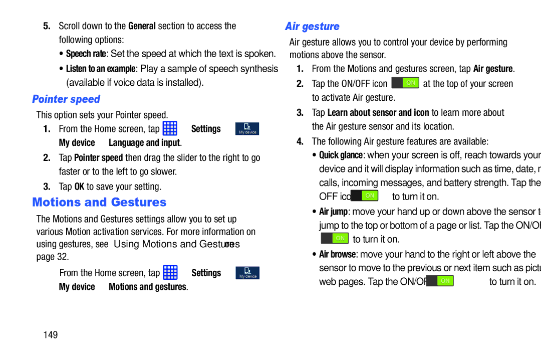 Samsung SGH-I537_UM user manual Motions and Gestures, Pointer speed, Air gesture, My device Motions and gestures 