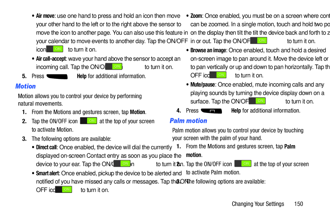 Samsung SGH-I537_UM user manual Motion, Palm motion, Icon to turn it on, Or out. Tap the ON/OFF icon to turn it on, 150 