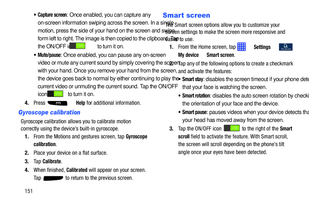 Samsung SGH-I537_UM user manual Gyroscope calibration, Tap Calibrate, My device Smart screen 