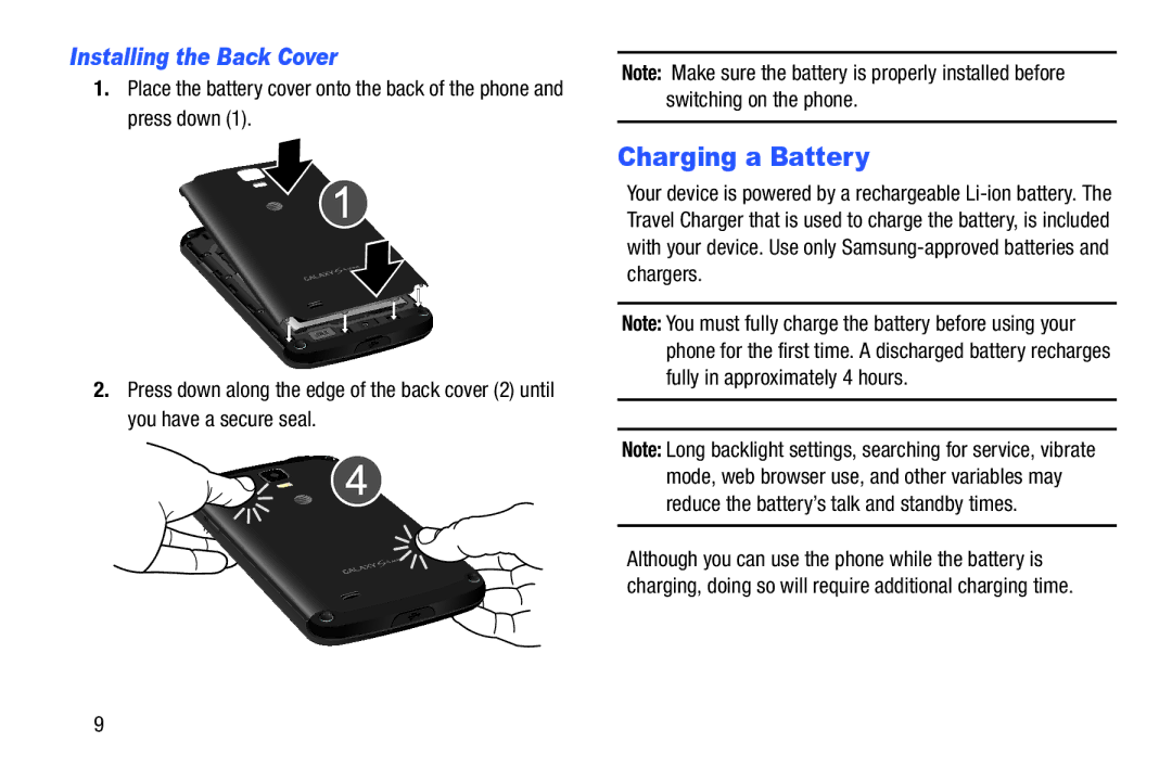 Samsung SGH-I537_UM user manual Charging a Battery, Installing the Back Cover 