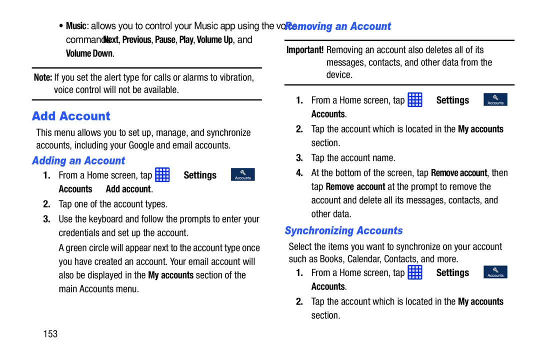 Samsung SGH-I537_UM user manual Add Account, Adding an Account, Removing an Account, Synchronizing Accounts 