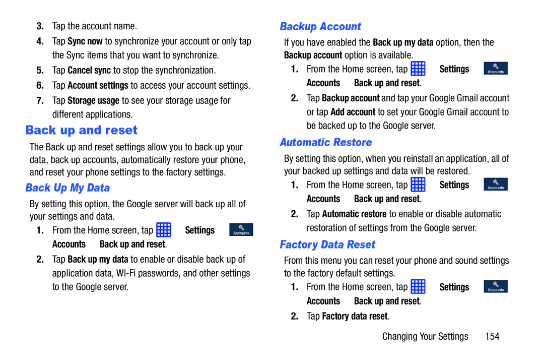 Samsung SGH-I537_UM user manual Back up and reset, Back Up My Data, Backup Account, Automatic Restore, Factory Data Reset 