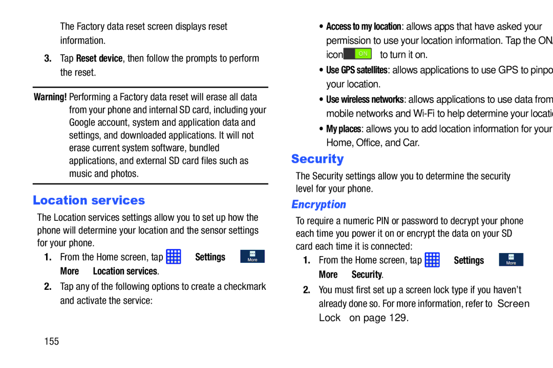 Samsung SGH-I537_UM user manual Location services, Encryption, From the Home screen, tap Settings More Security, 155 