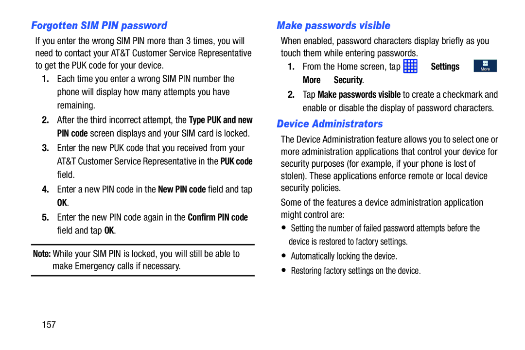 Samsung SGH-I537_UM user manual Forgotten SIM PIN password, Make passwords visible, Device Administrators 