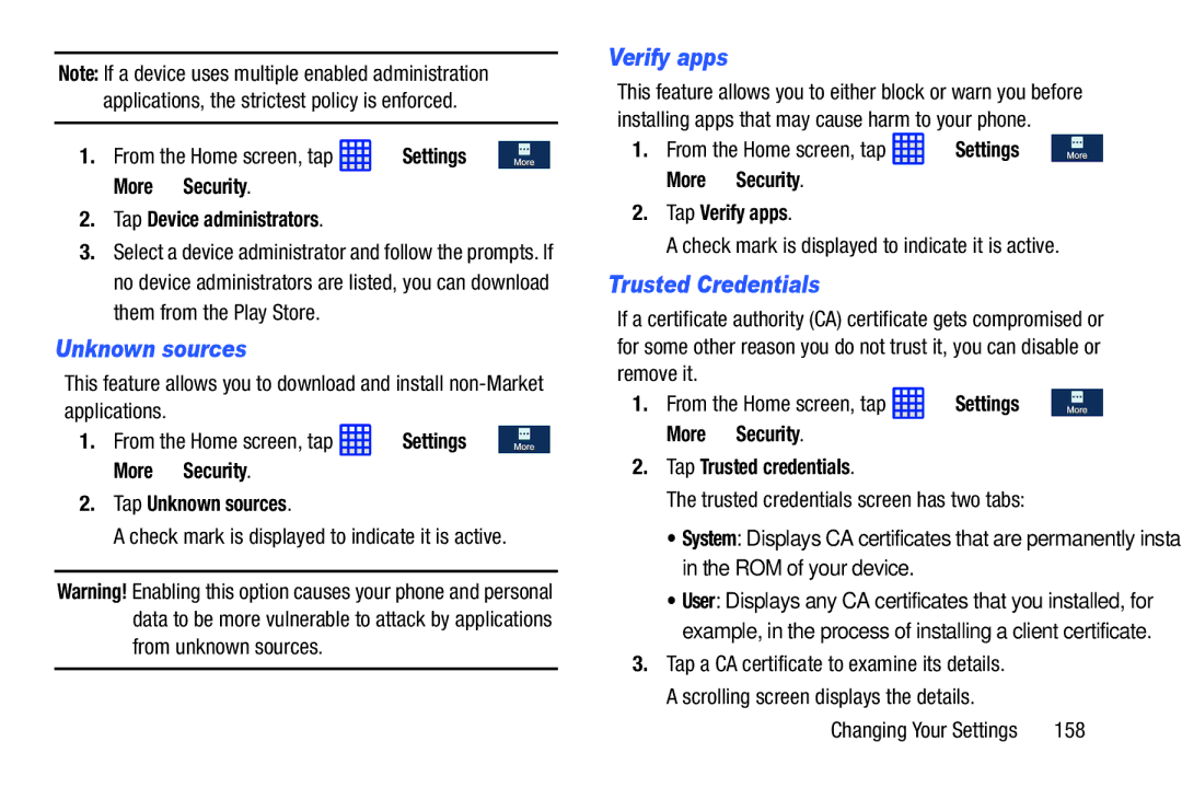 Samsung SGH-I537_UM user manual Unknown sources, Verify apps, Trusted Credentials 