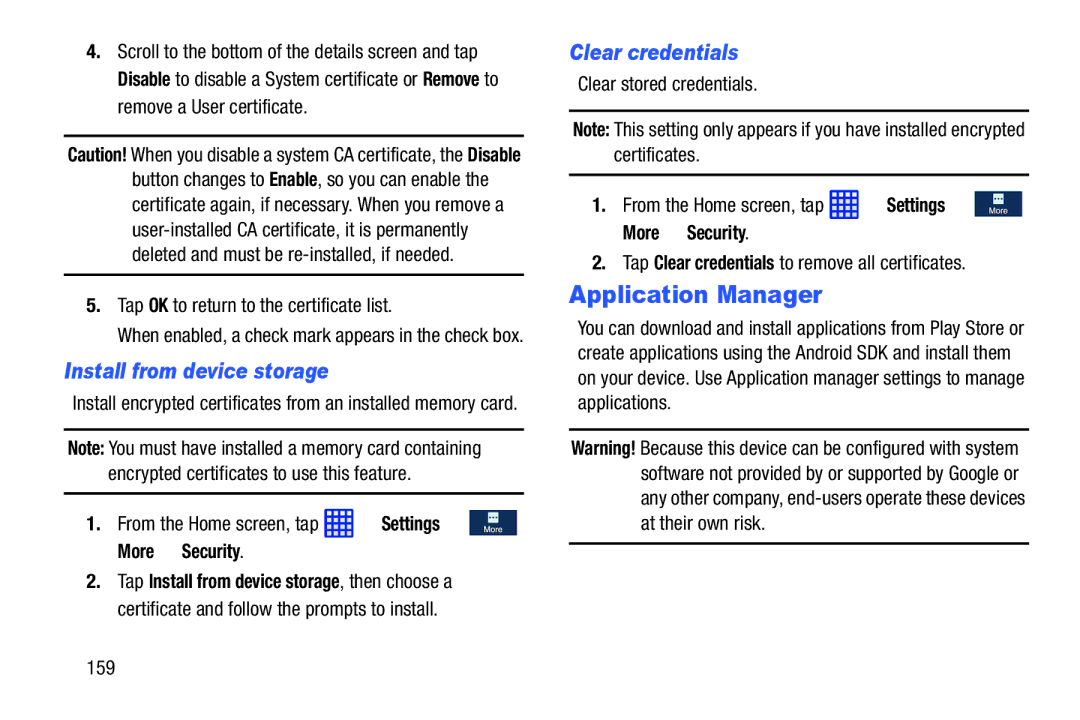 Samsung SGH-I537_UM user manual Application Manager, Install from device storage, Clear credentials, 159 