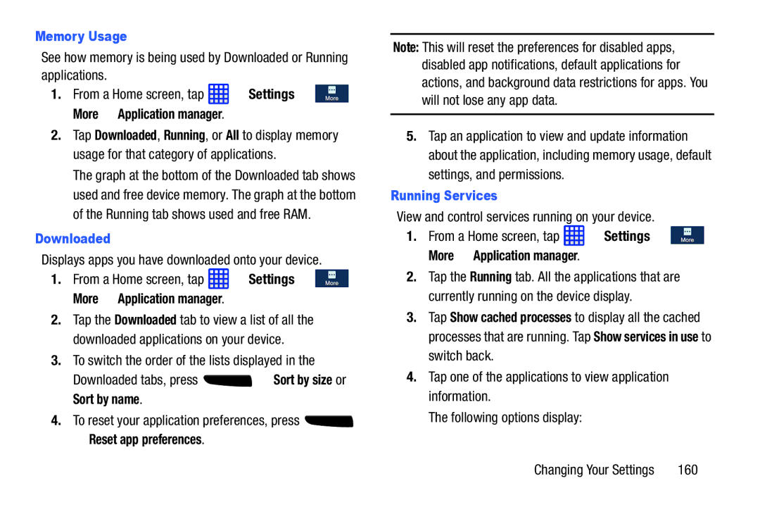 Samsung SGH-I537_UM user manual Memory Usage, Downloaded, Reset app preferences, Running Services 