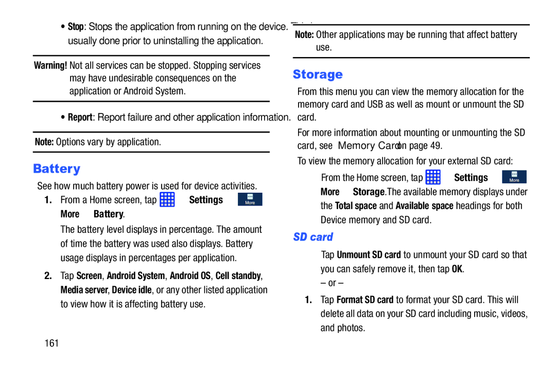 Samsung SGH-I537_UM user manual Storage, SD card, From a Home screen, tap Settings More Battery 