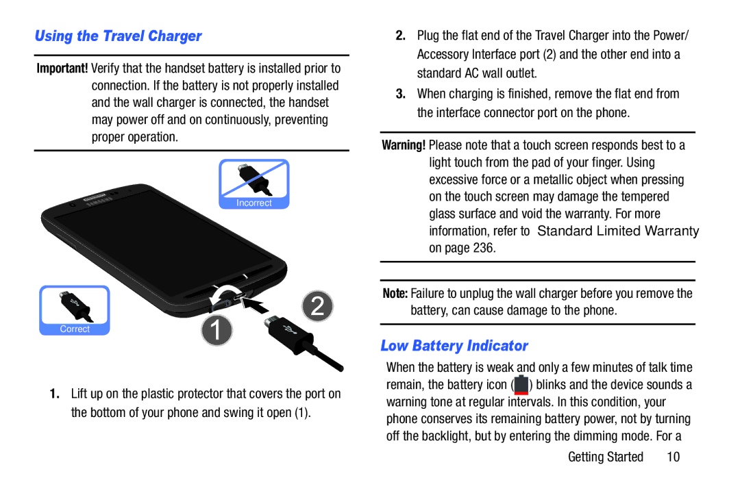 Samsung SGH-I537_UM user manual Using the Travel Charger, Low Battery Indicator 