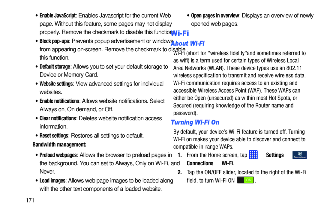 Samsung SGH-I537_UM user manual About Wi-Fi, Turning Wi-Fi On, Bandwidth management, Field, to turn Wi-Fi on 171 