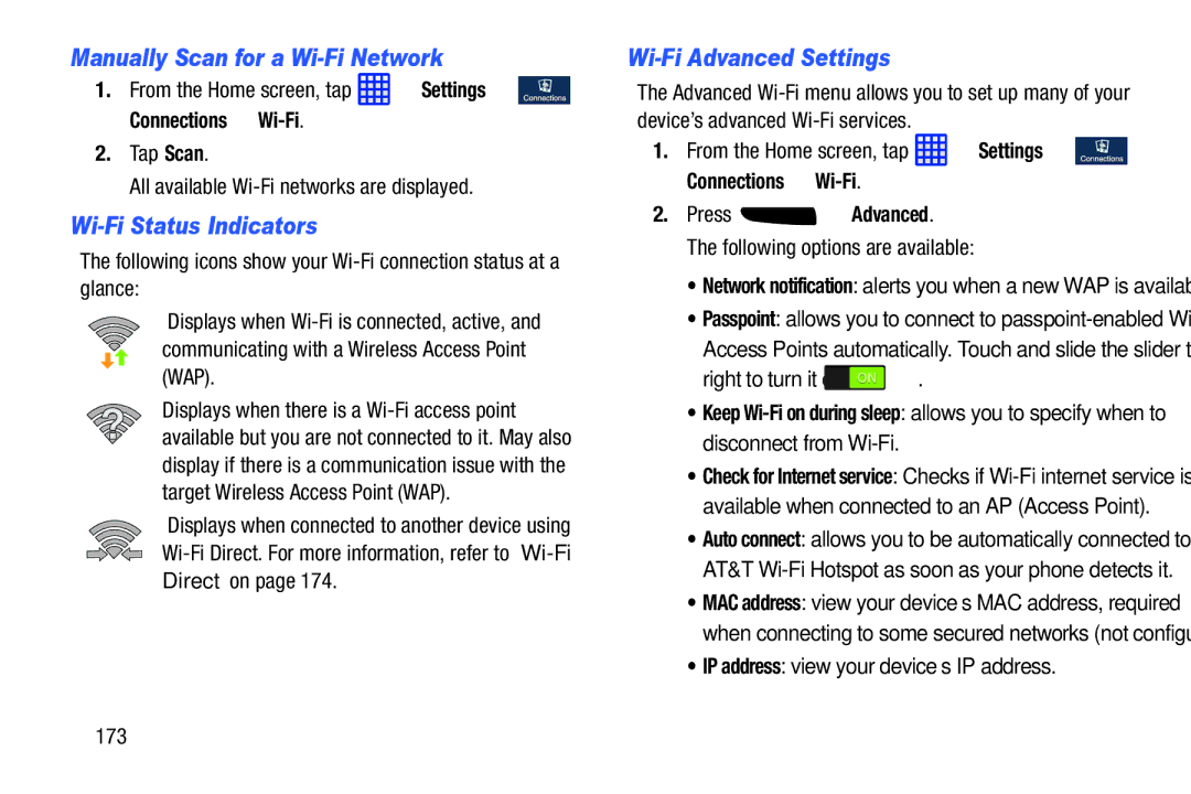 Samsung SGH-I537_UM user manual Manually Scan for a Wi-Fi Network, Wi-Fi Status Indicators, Wi-Fi Advanced Settings 