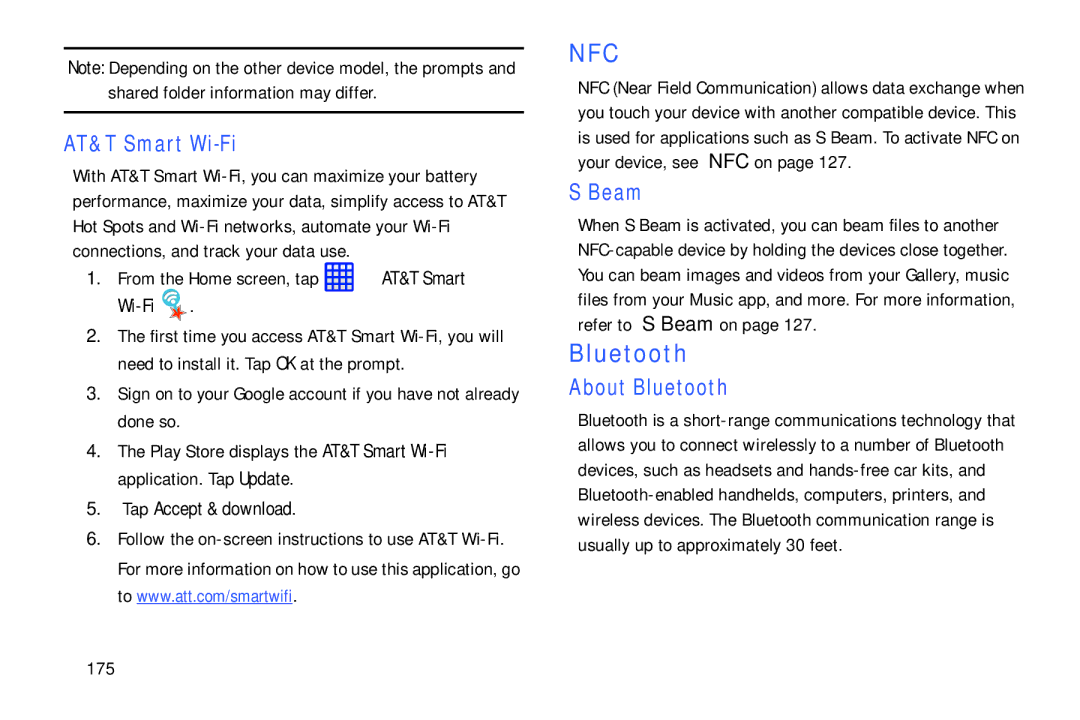 Samsung SGH-I537_UM user manual AT&T Smart Wi-Fi, Beam, About Bluetooth, Tap Accept & download 