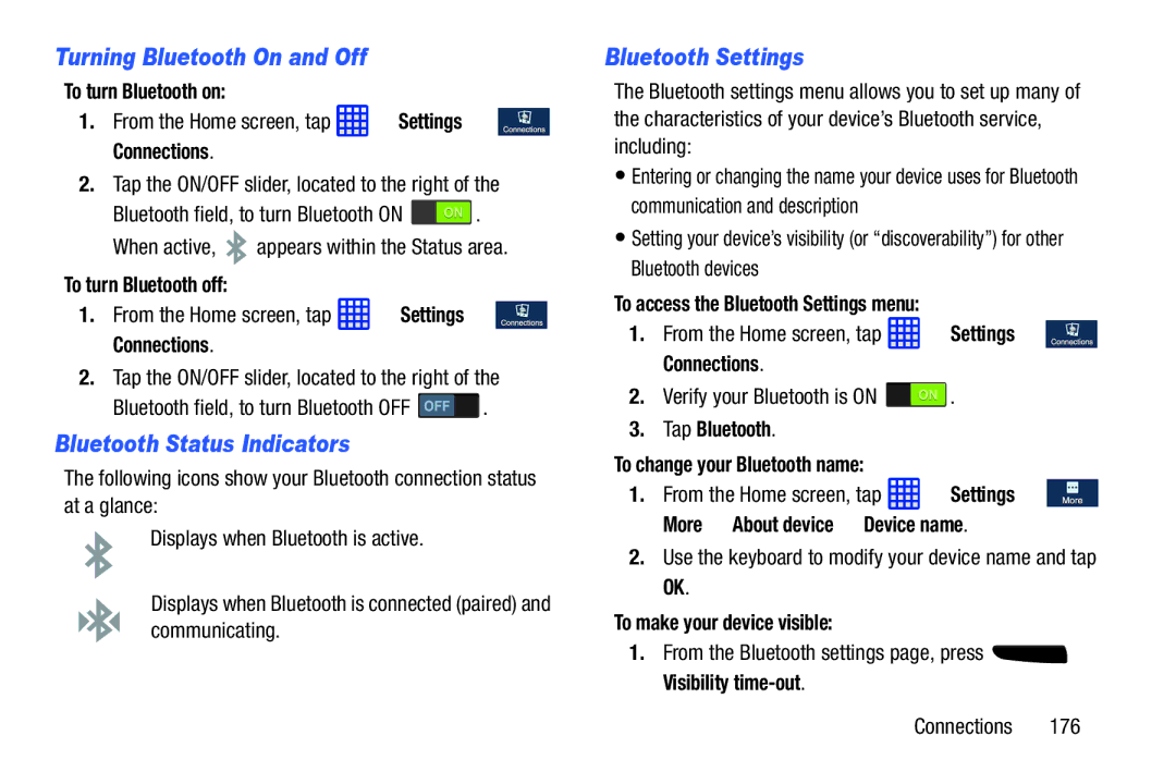 Samsung SGH-I537_UM user manual Turning Bluetooth On and Off, Bluetooth Status Indicators, Bluetooth Settings 