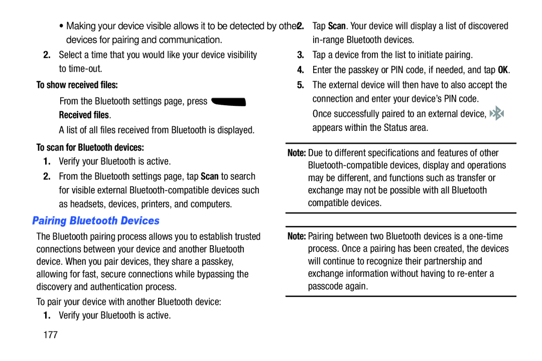 Samsung SGH-I537_UM user manual Pairing Bluetooth Devices, To show received files, To scan for Bluetooth devices 