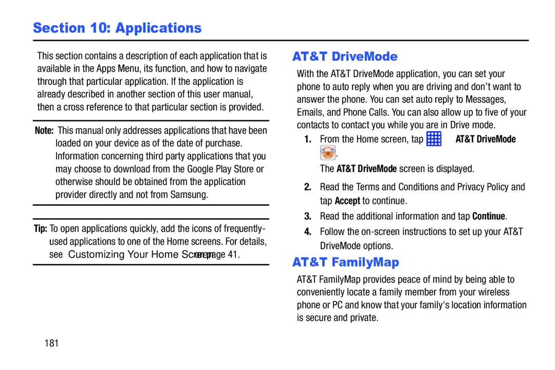 Samsung SGH-I537_UM user manual AT&T FamilyMap, From the Home screen, tap AT&T DriveMode 