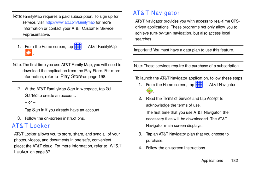 Samsung SGH-I537_UM user manual AT&T Navigator, Important! You must have a data plan to use this feature 