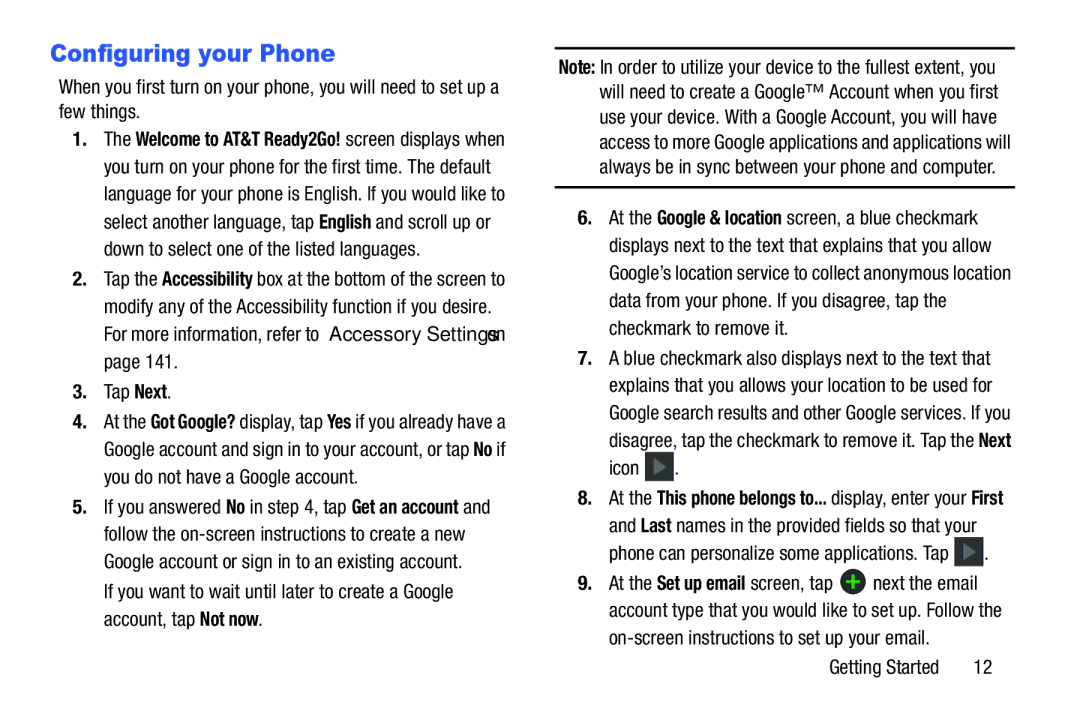 Samsung SGH-I537_UM user manual Configuring your Phone, Icon, On-screen instructions to set up your email 