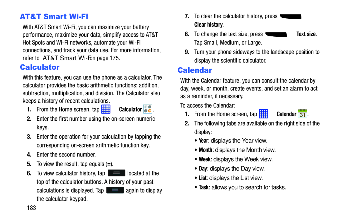 Samsung SGH-I537_UM user manual AT&T Smart Wi-Fi, Calculator, Calendar 