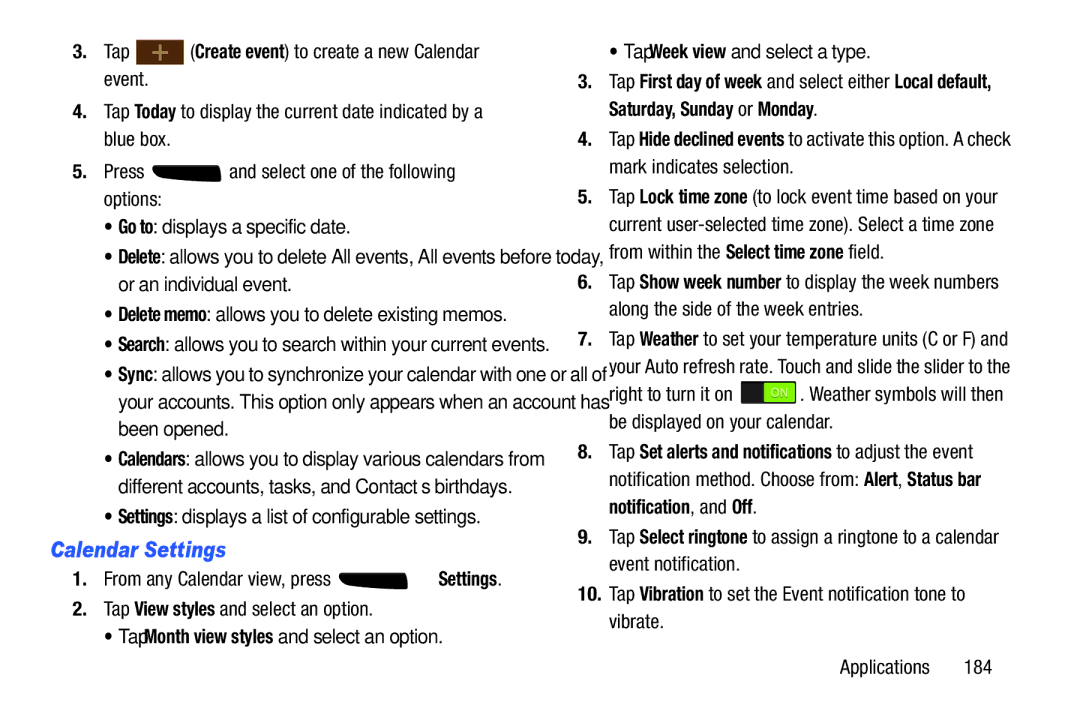 Samsung SGH-I537_UM user manual Calendar Settings, Settings displays a list of configurable settings 