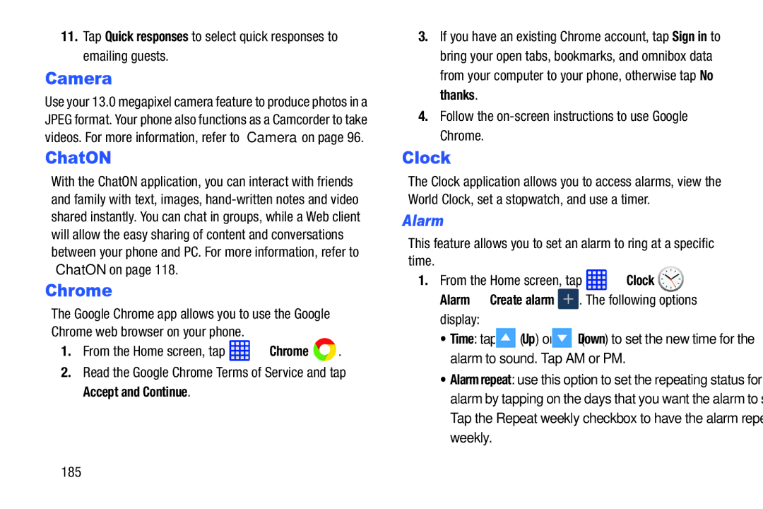 Samsung SGH-I537_UM user manual Clock, Alarm, 185, From the Home screen, tap Chrome 