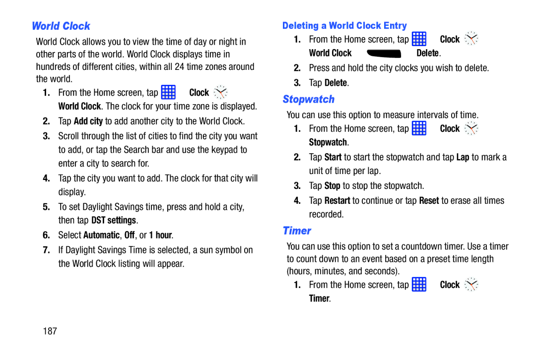 Samsung SGH-I537_UM user manual Stopwatch, Timer, Deleting a World Clock Entry 