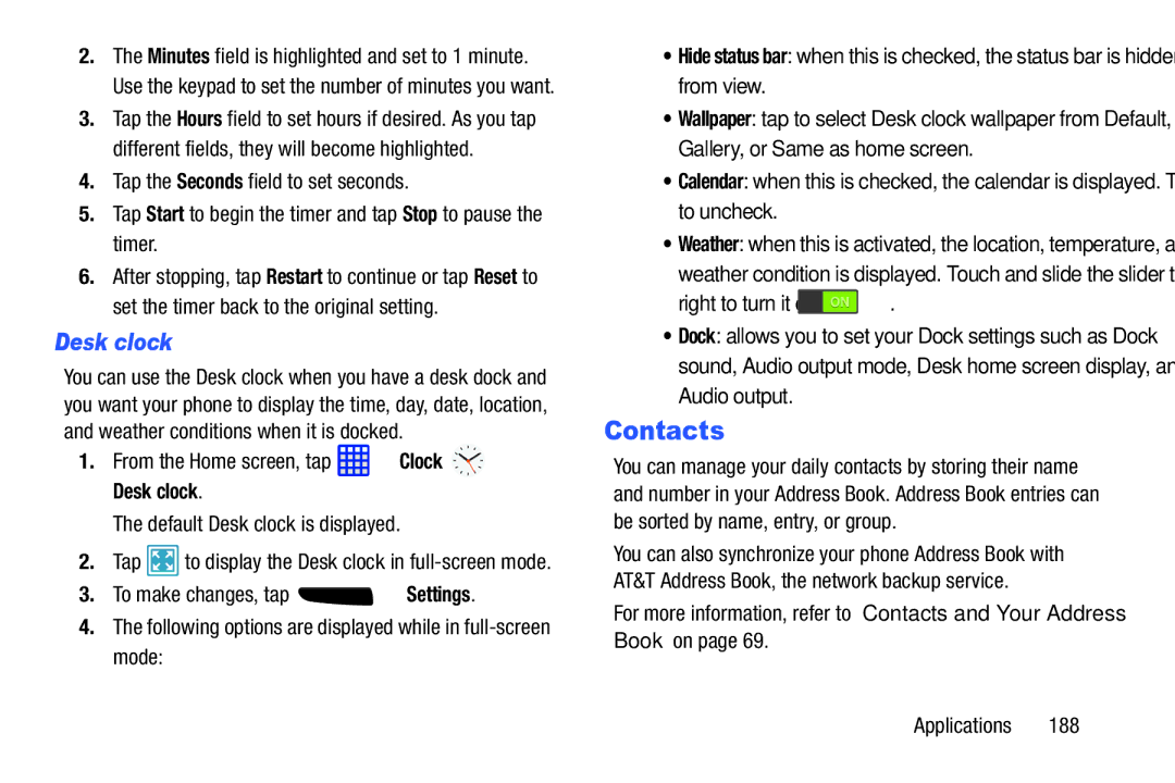 Samsung SGH-I537_UM user manual Contacts, Tap to display the Desk clock in full-screen mode 