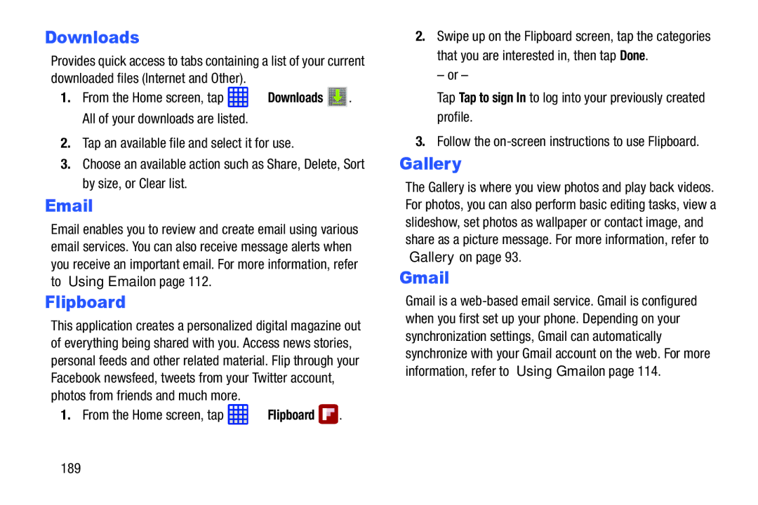 Samsung SGH-I537_UM user manual Downloads, Flipboard, Gmail, 189 
