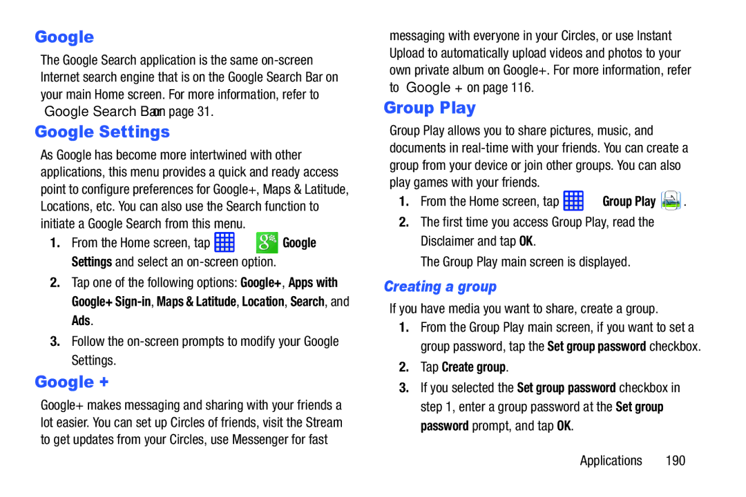 Samsung SGH-I537_UM user manual Google Settings, Group Play, Creating a group, Tap Create group 