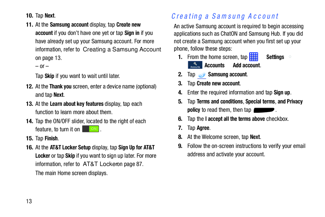 Samsung SGH-I537_UM user manual Creating a Samsung Account, Tap Finish, Tap the I accept all the terms above checkbox 