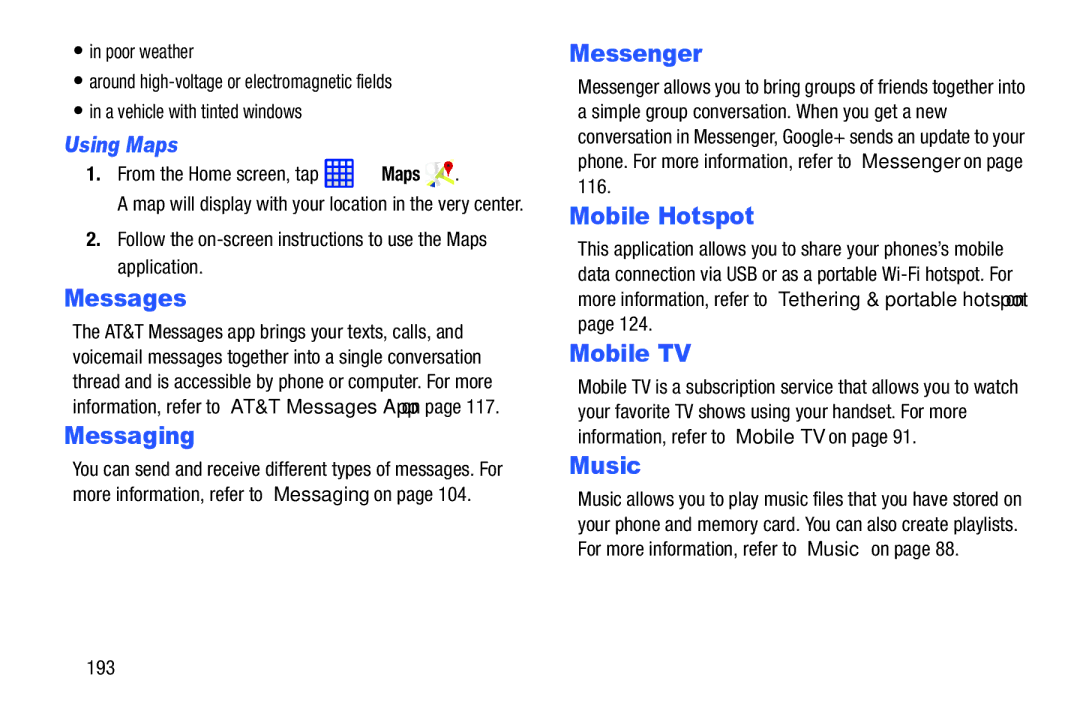 Samsung SGH-I537_UM user manual Messages, Messaging, Mobile Hotspot, Using Maps 